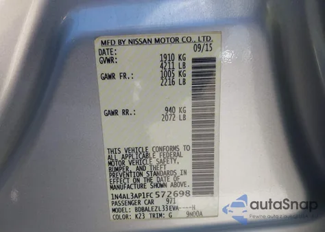 2015 Nissan Altima 2.5 S z USA, uszkodzony, nr VIN 1N4AL3AP1FC572698